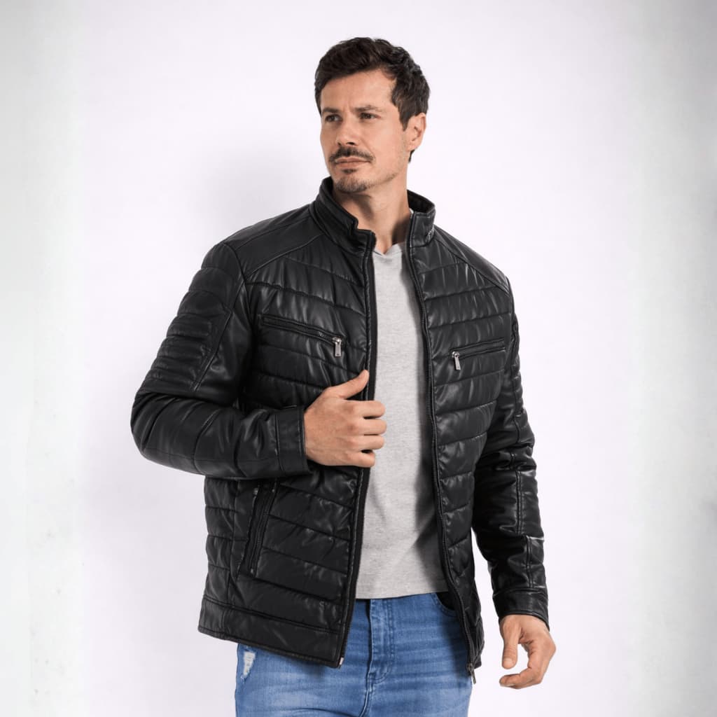 Jaqueta Masculina Couro Sintético Forrada Impermeável Peluciada Ecológica Gola Alta Bolsos
