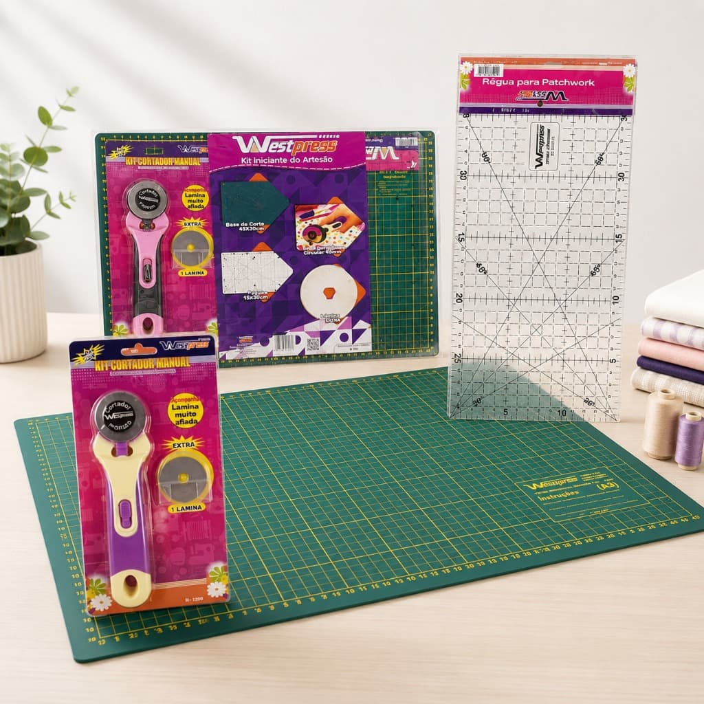 Kit Iniciante Base De Corte 45X30 Régua 15x45 Cortador 45mm com Lâmina Extra