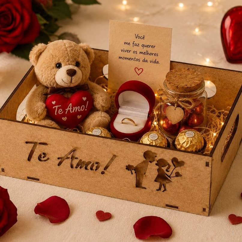 Kit Bandeja Cesta Frase Escrita Te Amo Casal Mdf Cru 20x15x10 Presente Dia Dos Namorados