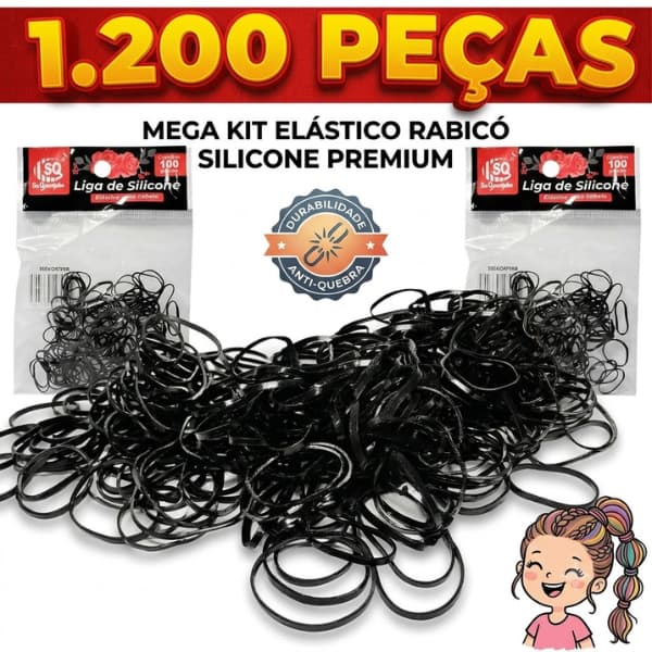 Kit 1200 Elásticos De Silicone Rabicó Cabelo Penteado Preto Atacado