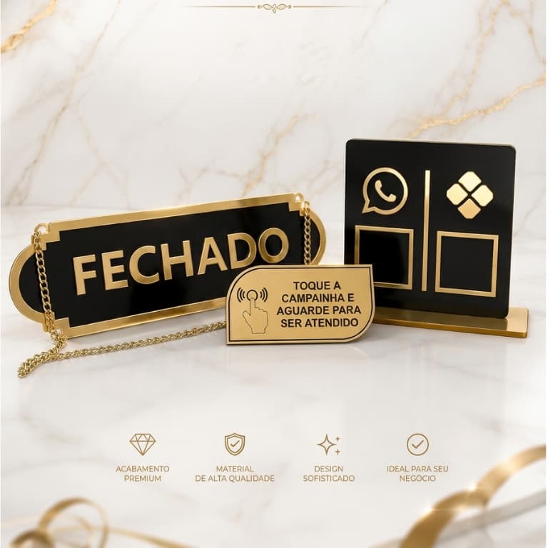 Kit Entrada Premium 3 em 1 Placa Aberto/Fechado + Toque a Campainha + Placa Pix com 2 QR Codes