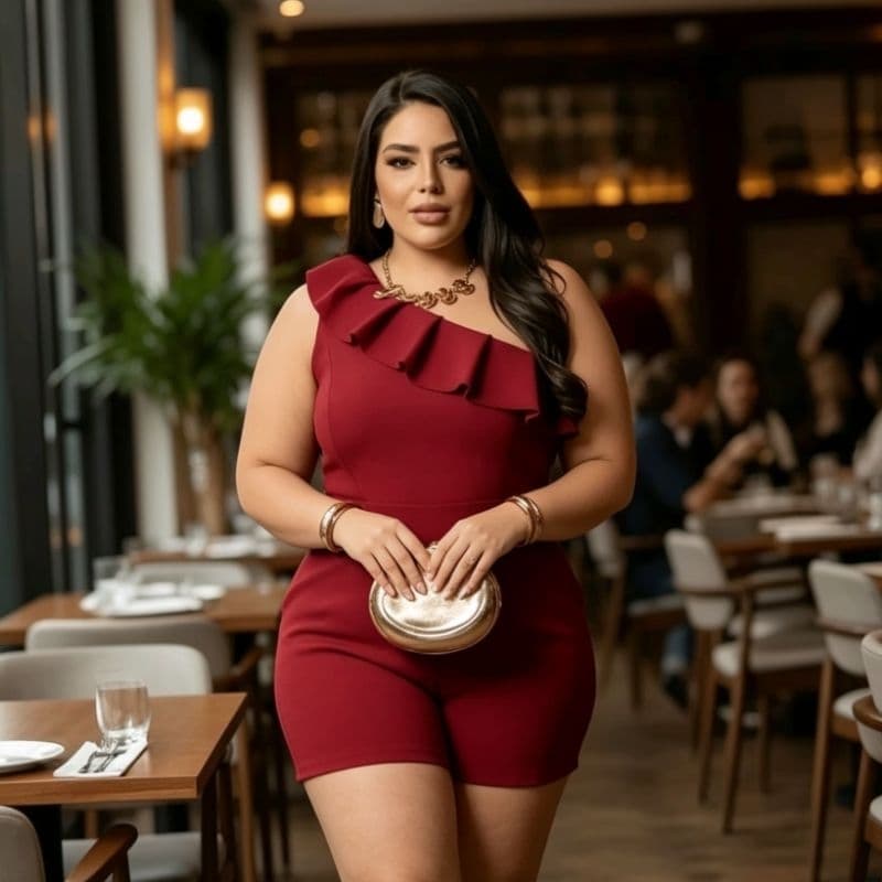 Macacão Feminino Curto com Babado Ciganinha Plus Size Elegante