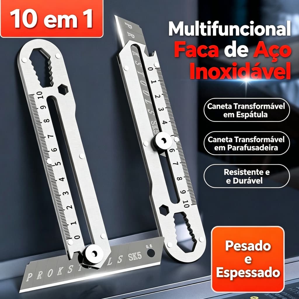 Estilete Multifuncional 18mm em Aço Inoxidável Reforçado com Régua, Chave, Trava de Segurança + Kit com 10 Lâminas