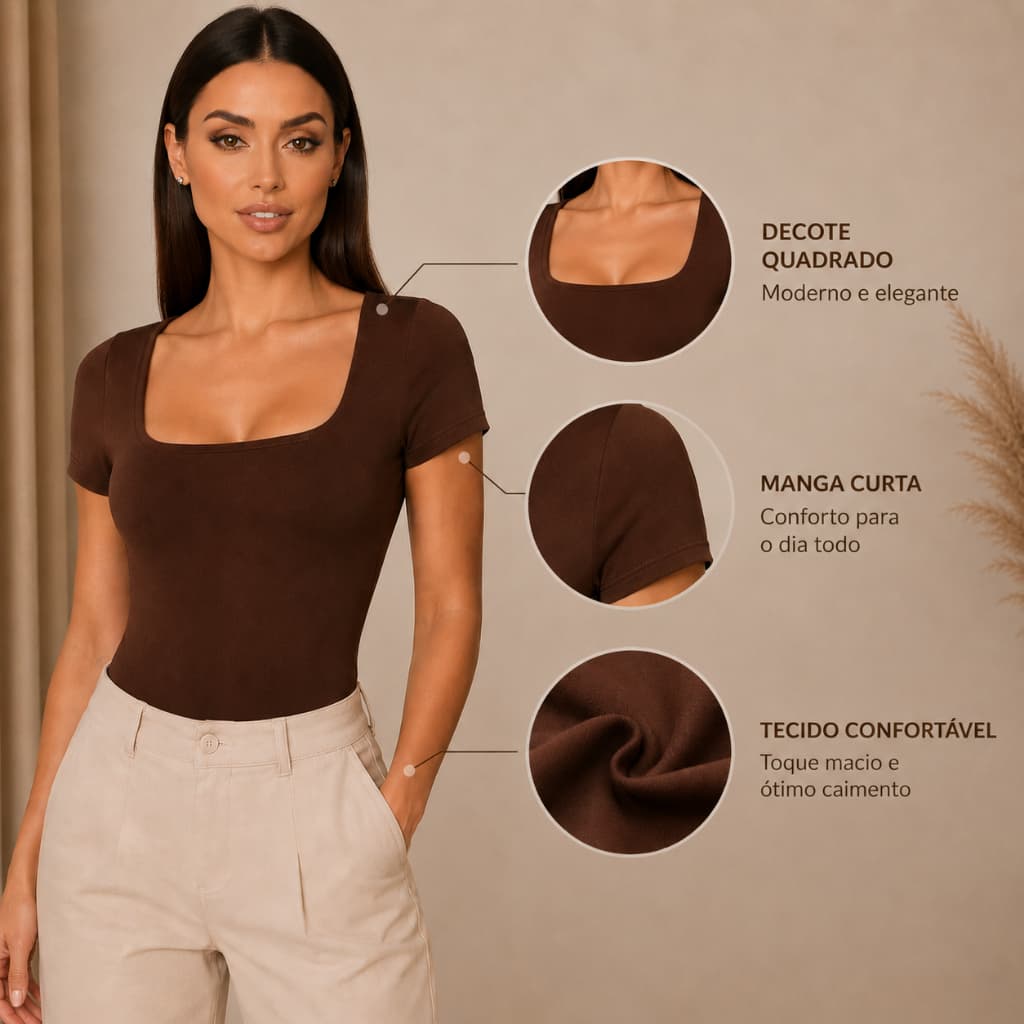 Body Feminino Manga Curte Decote Quadrado Moda Feminina Suplex Forro Premium Blogueira Confortável