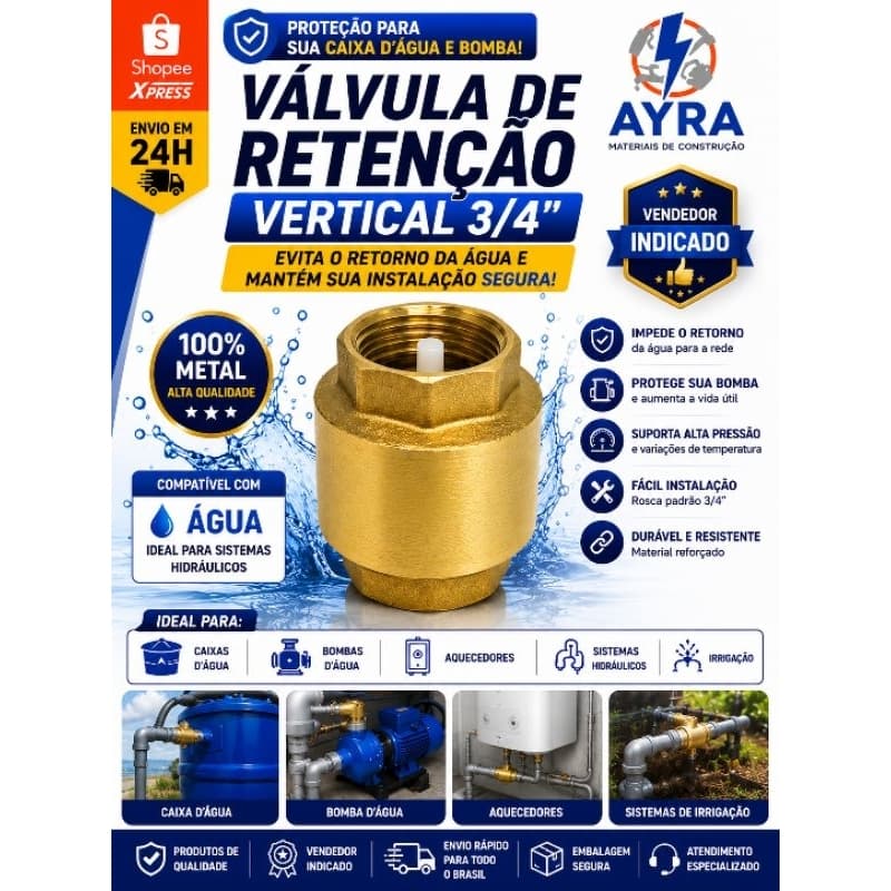 Válvula de Retenção Vertical 3/4” Metal | Para Água e Gás | Alta Resistência e Fácil Instalação