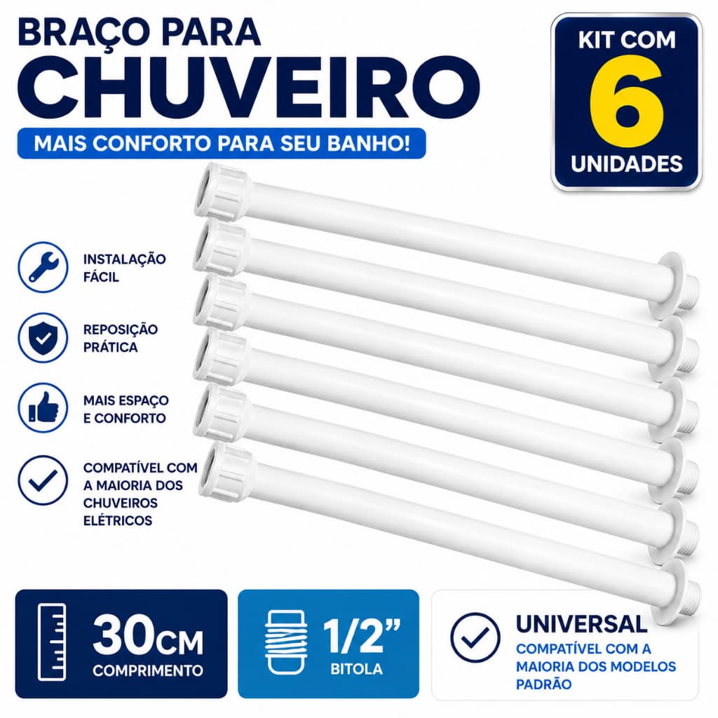 KIT 6 UN BRAÇO PARA CHUVEIRO ELÉTRICO DE PLASTICO 30CM HERC