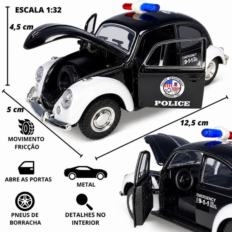 Fusca Policia Miniatura Fusquinha Metal Coleçao Abre Porta