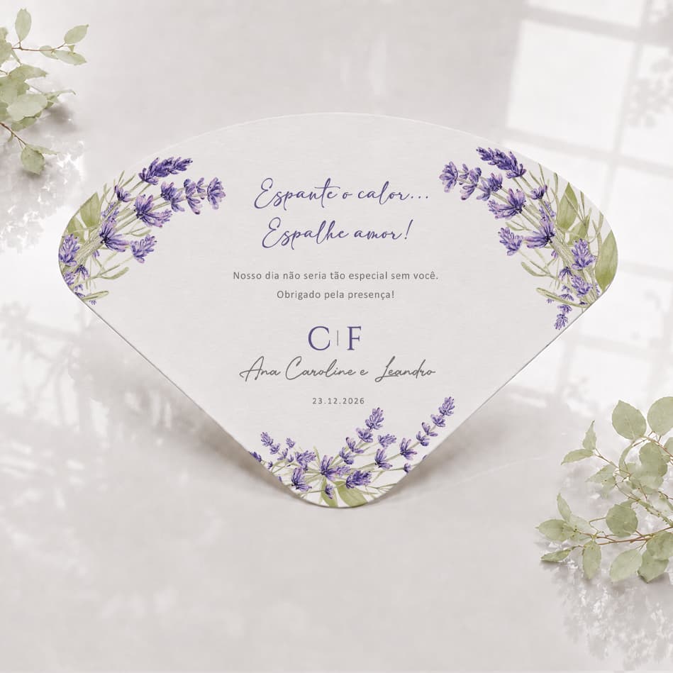 Ventarola Leque de Alegria para Casamento Personalizado com Nomes e Data Lavanda Lilás