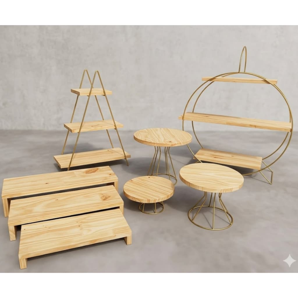 Kit Completo Para Decoração De Festa 7 Peças, Boleira+Escadinha+Roda Gigante+ Trio Mesa Madeira Pinus