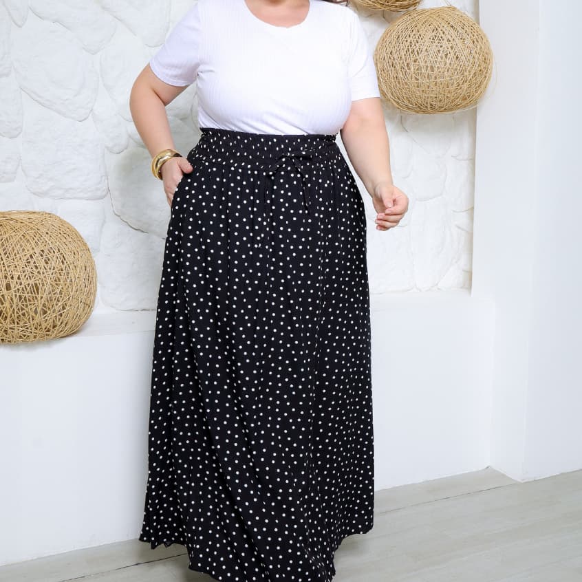 Saia Elegante de Férias com Estampa Bolinha Preto para Mulheres