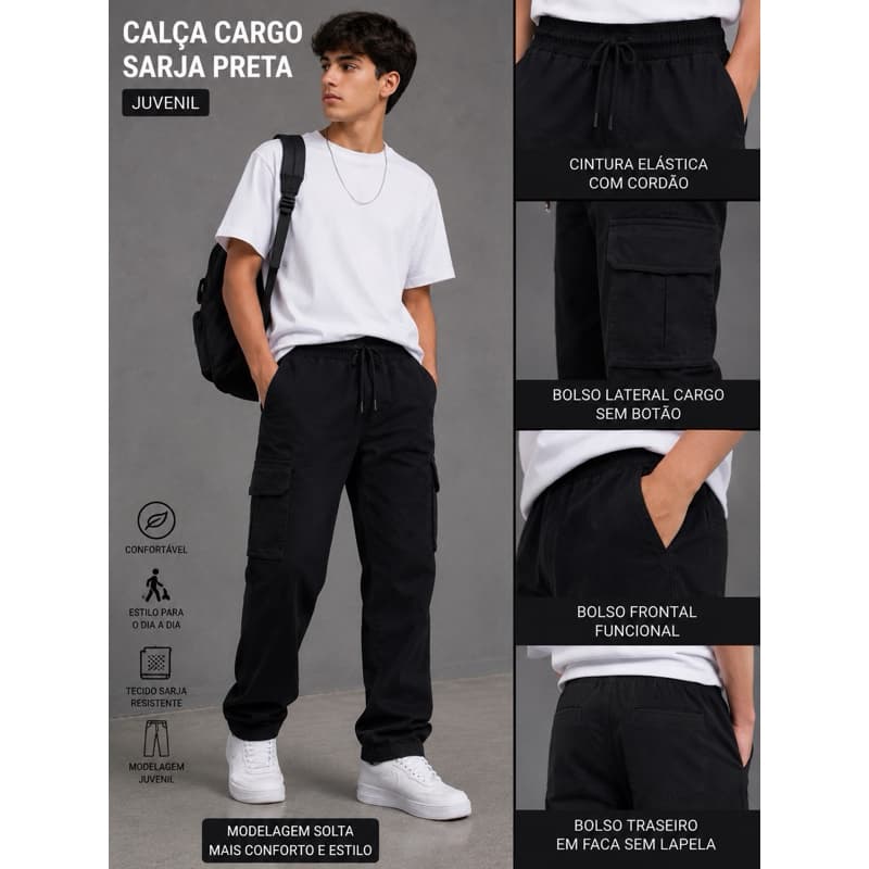 Calça Cargo sarja e jeans Infantil juvenil sarja c/elástico e cordão