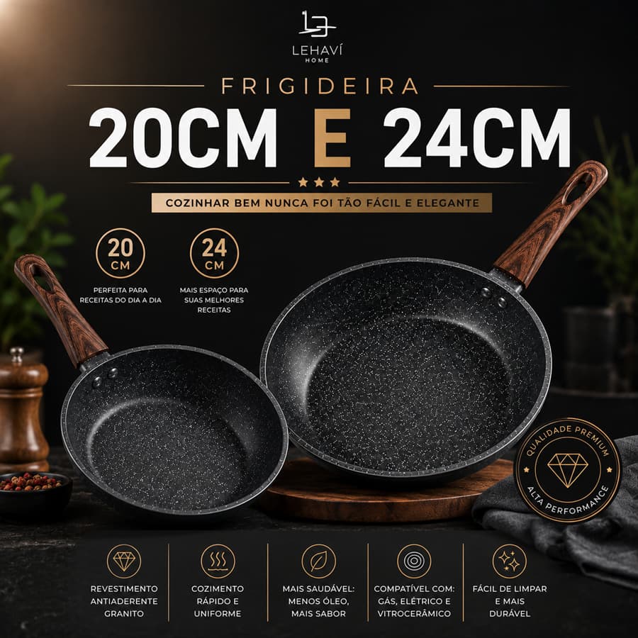 Frigideira Antiaderente Revestimento Nanocerâmico Fogão Indução Gás 20cm 24cm - GRANITO