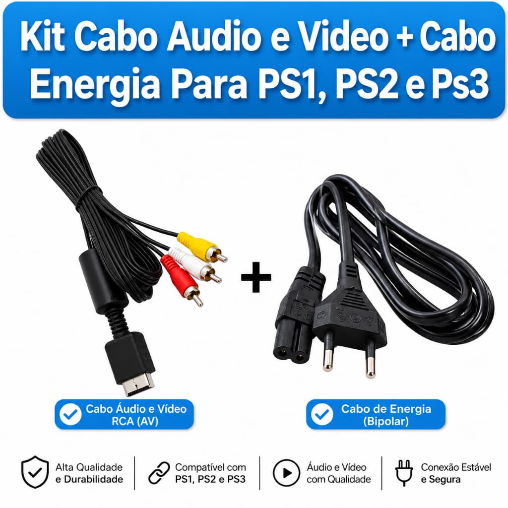 Cabo Av Audio E Video + Cabo de Energia Força Para Play 1, Ps2 E Ps3
