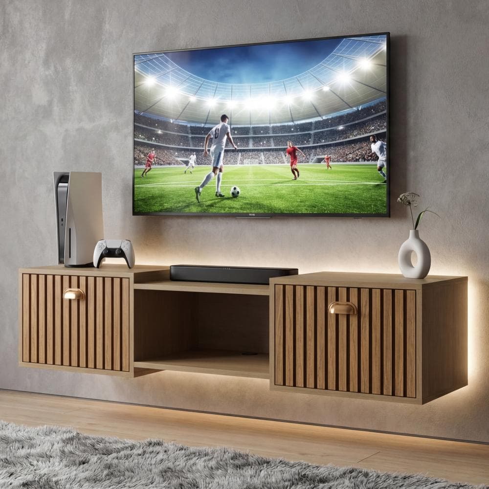 Rack Suspenso Balcão Para Parede Com Portas E Nicho Tv até 50 Polegadas Salão120cm