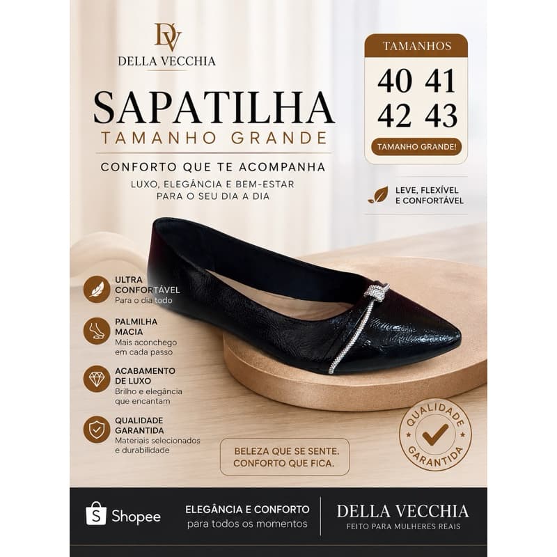 Sapatilha Bico Fino Feminina Conforto Couro Verniz Luxo Tradicional Sapato Feminino Tamanho Especial macia Della Vecchia