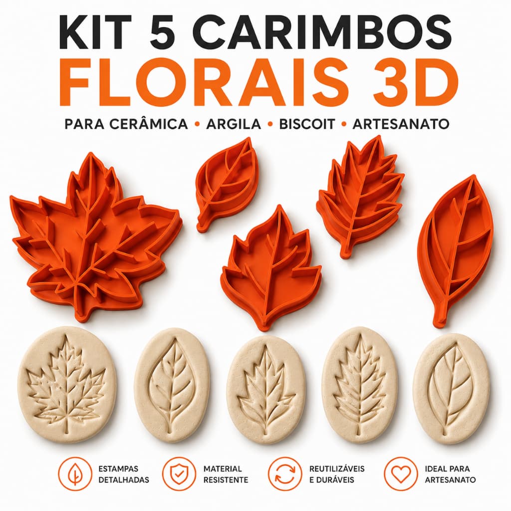 Kit 5 Carimbos Florais 3D Folhas Outono para Argila e Biscuit | Textura Cerâmica Artesanato | Moldes Estampa Folhas