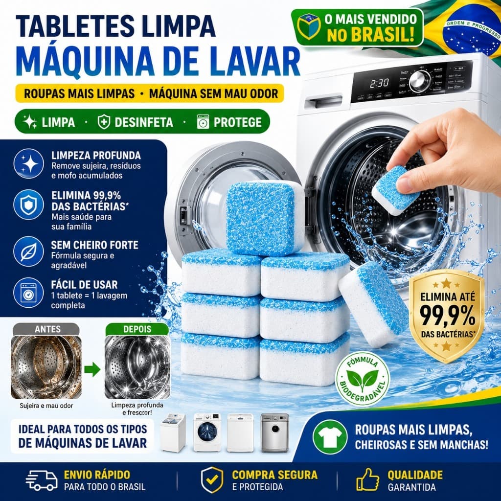 Kit 12 Pastilhas Limpa Máquina Premium Efervescente Elimina Mau Odor Sujeira e 99,9% das Bactérias