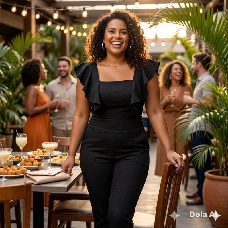 Macacão Feminino Plus Size Manga Babado Luxo Festa Casual Elegante
