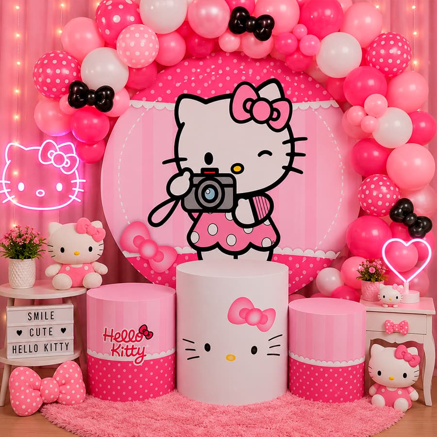 Kit Capa De Painel Redondo + Capas De Cilindro Para Festas Tema Infantil Hello Kitty Pink Cute