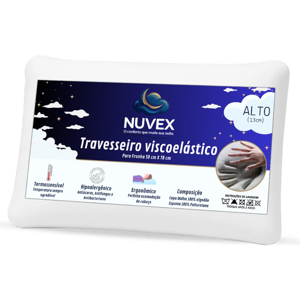 Travesseiro Nuvex Alto 13cm De Altura Viscoelástico Macio 100% Algodão