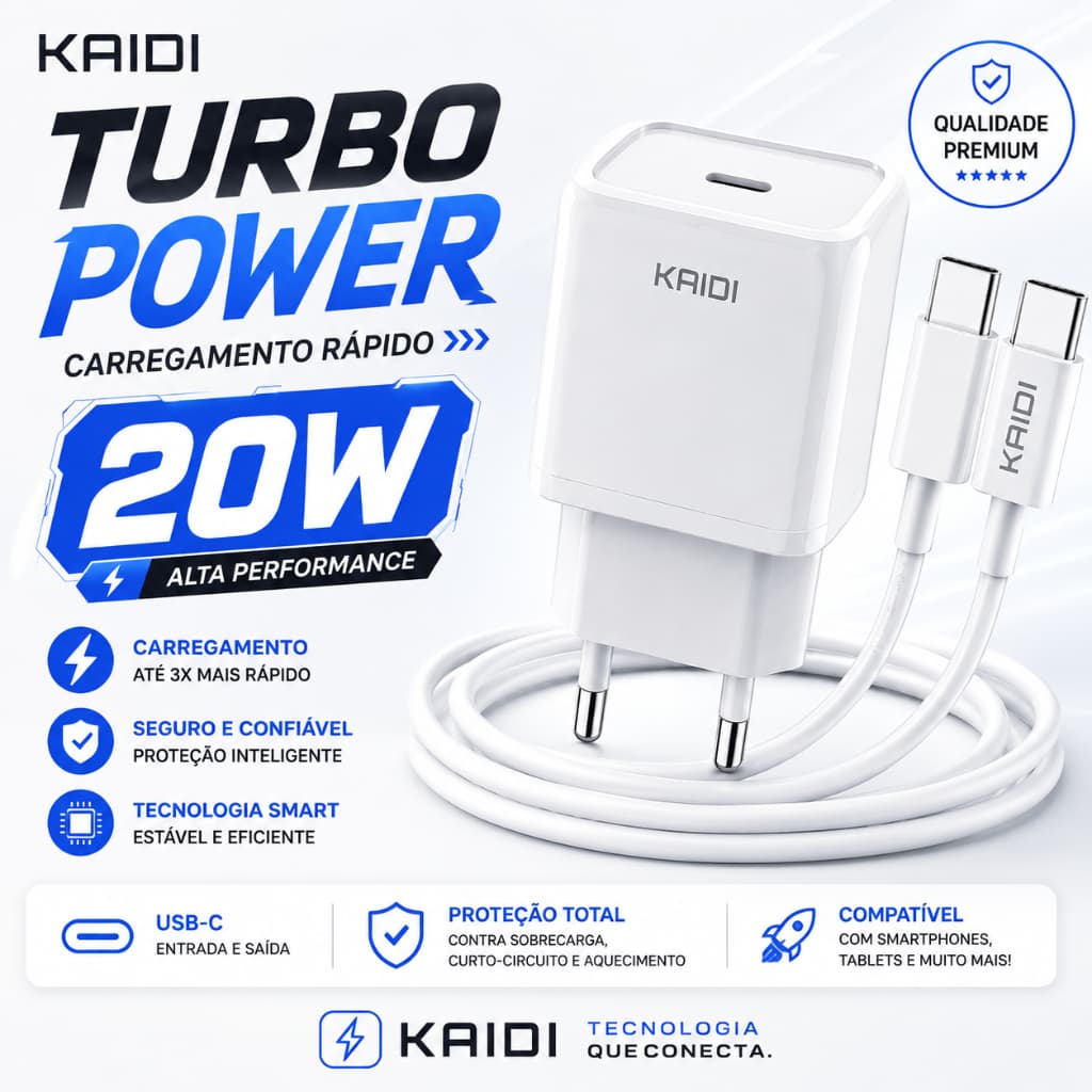 Carregador Turbo 20W Kaidi Original USB-C Tipo C com Cabo C para C Carregamento Rápido PD iPhone Samsung Xiaomi Motorola