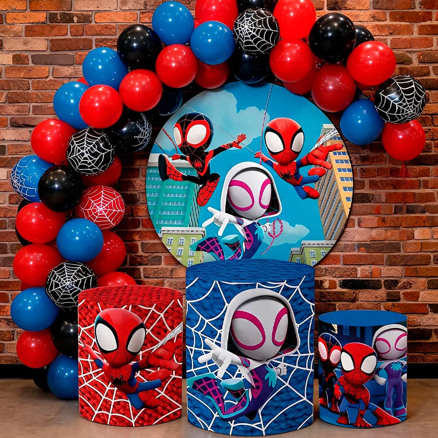Kit Capa De Painel Redondo + Capas De Cilindro Para Festas Tema Infantil Spider Man Miranha Multverso