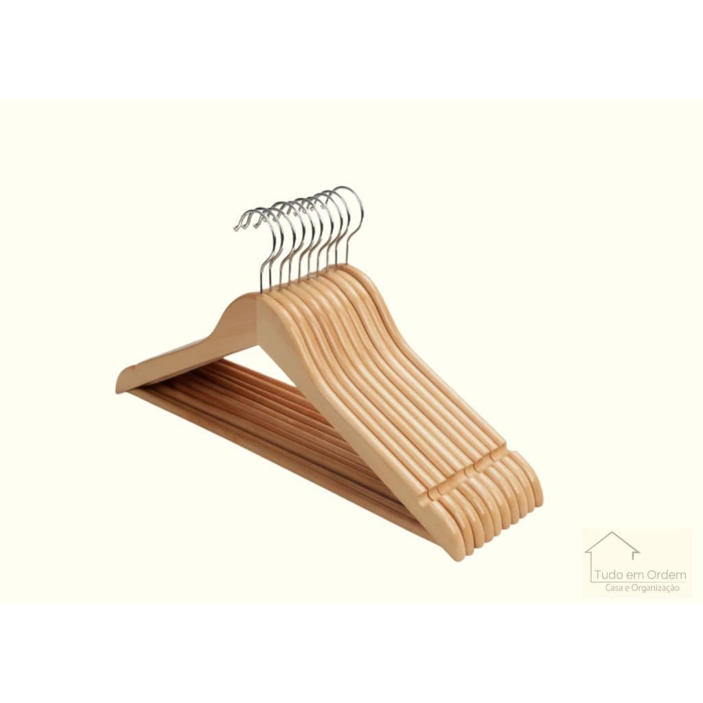 KIT com 10 ou 20 Cabides de Madeira Natural Marfim com Gancho de Metal Giratório 360° - 44x23cm