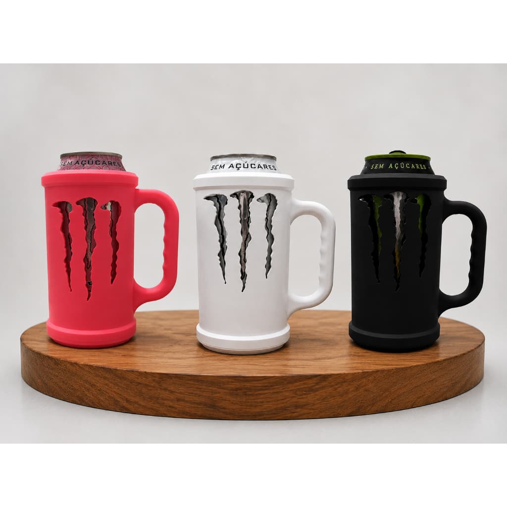 Porta Lata Monster 473 ml 3D Preto Branco Rosa Com Alça Energético Estilo Caneca