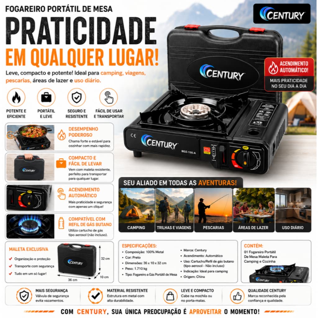 Fogareiro Fogão Portátil CenturyCook 1 Boca com Acendimento Automático e Maleta para Camping Cozinha Viagem.