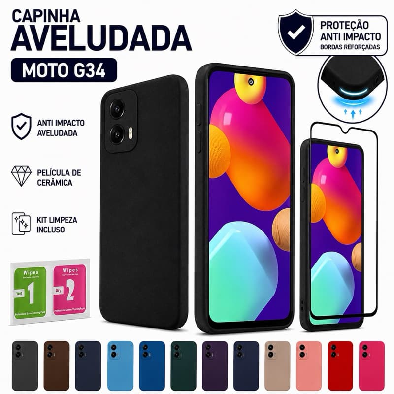 Capinha Capa Motorola G34 / G34 5G Anti Impacto Aveludada + Película de Cerâmica
