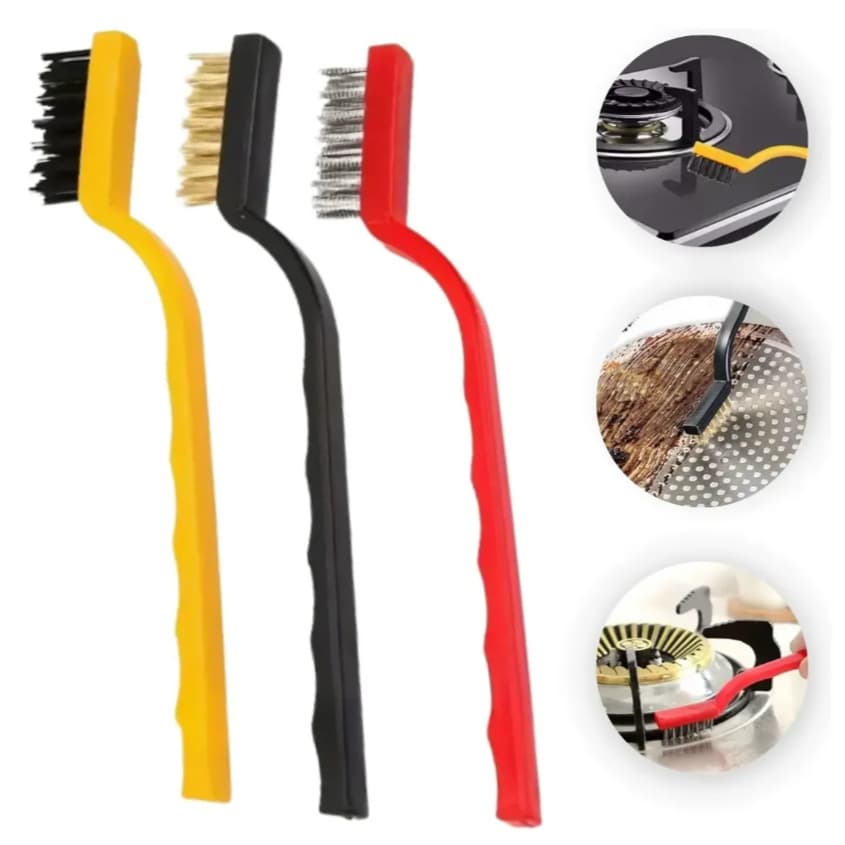 Kit 3 Escovas, Aço, Nylon, Metal Com Cabo Para Limpeza multi uso