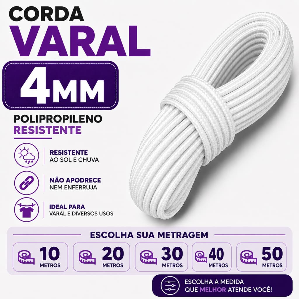Corda Varal Polipropileno 4mm Resistente Branca Multiuso Escolha 10 / 20 / 30 / 40 ou 50 Metros
