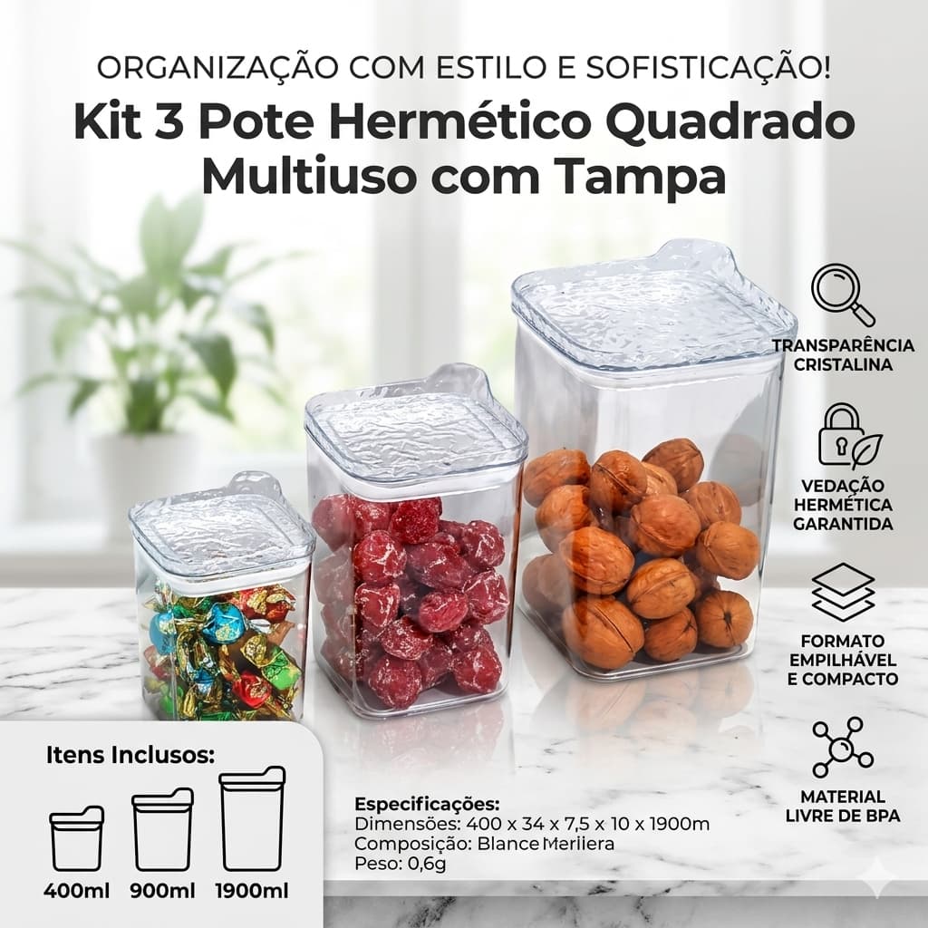 Kit Potes Hermeticos Quadrados Multiuso Organizacao Vedacao Tampas Resistente