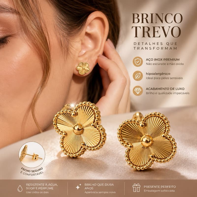 Brinco Trevo Luxo Feminino em Aço Inoxidável Dourado ou Prata Delicado Antialérgico