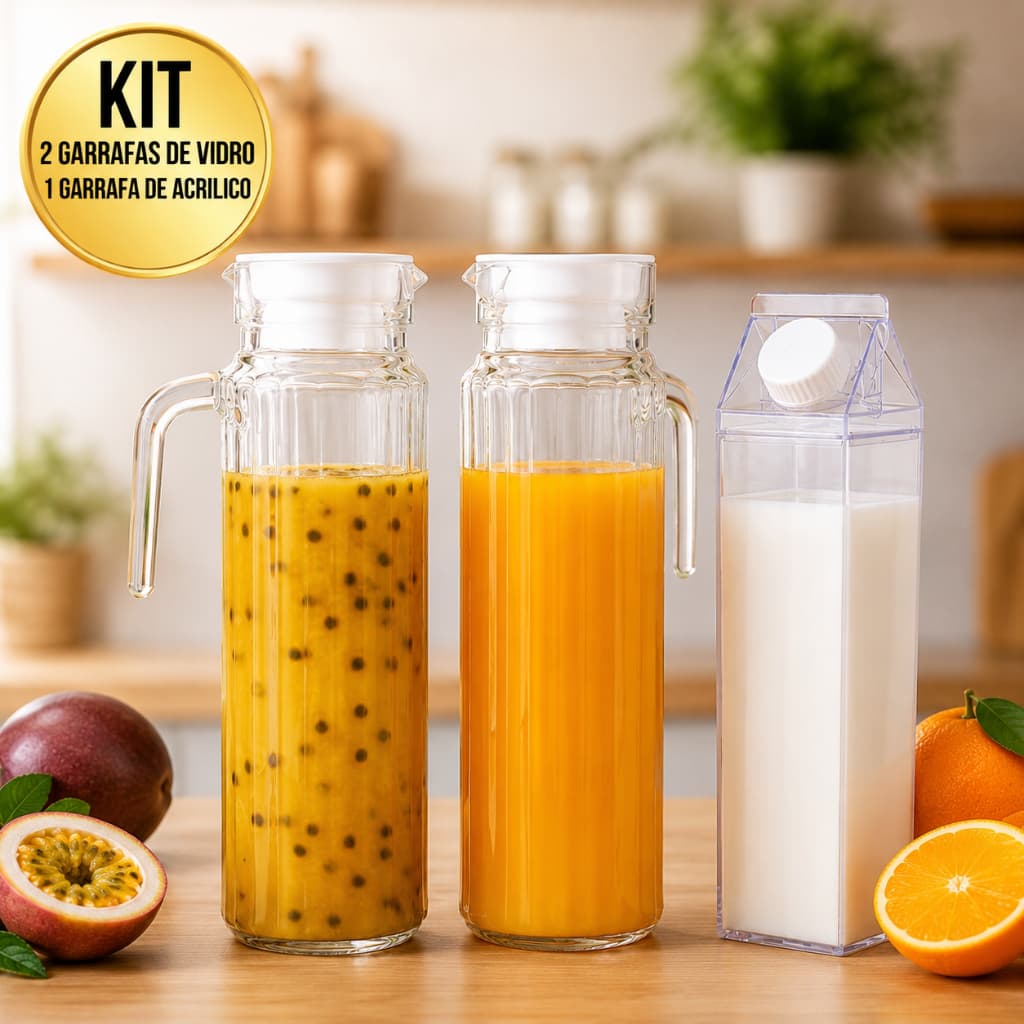 Kit  2 Jarras de Vidro 1L + 1 Jarra Acrílica Estilo Caixa de Leite 500ML