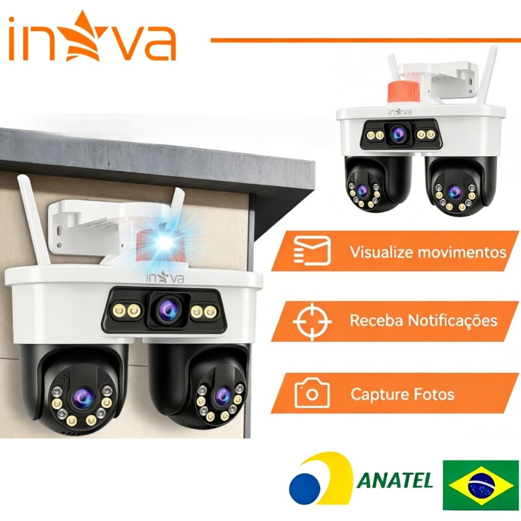 INOVA Câmera Segurança 3 Lentes 12xZoom 360° Visão 4K Noite Colorida Wi-Fi IP66 Prova DÁgua Detecção