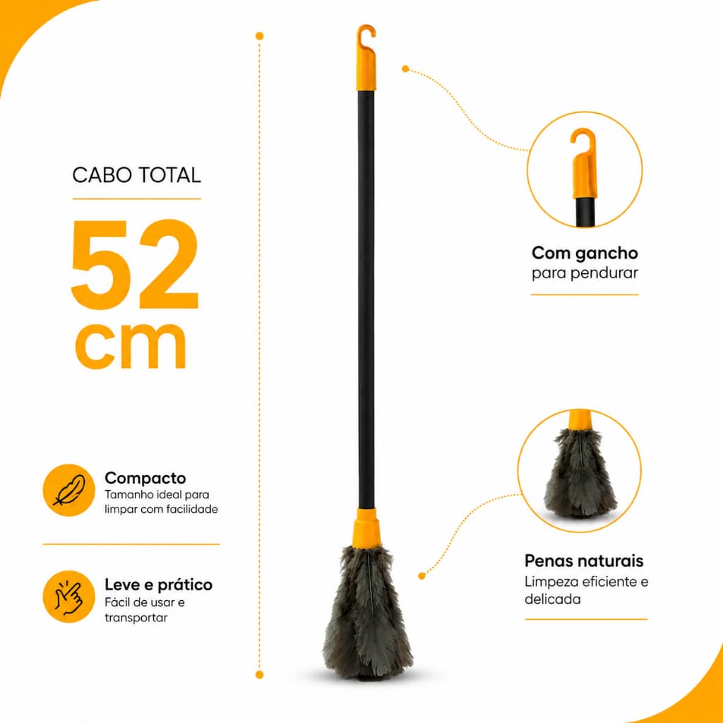 Espanador de Pó 52cm Colorido Grande - Penas Sintéticas Antiestático Não Risca Móveis (Focado em proteção e tamanho)