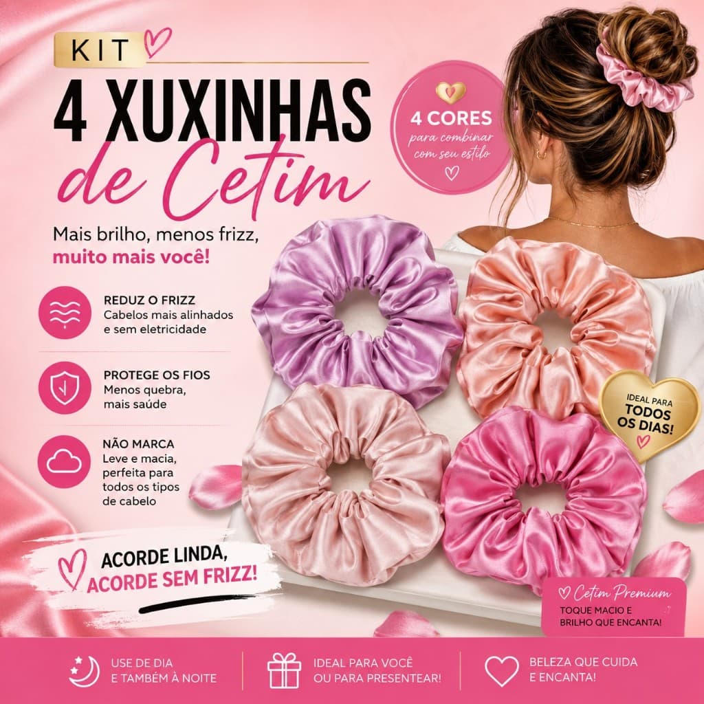 Kit com 4 Xuxinhas de Cetim Luxo para Cabelo Sem Quebrar os Fios
