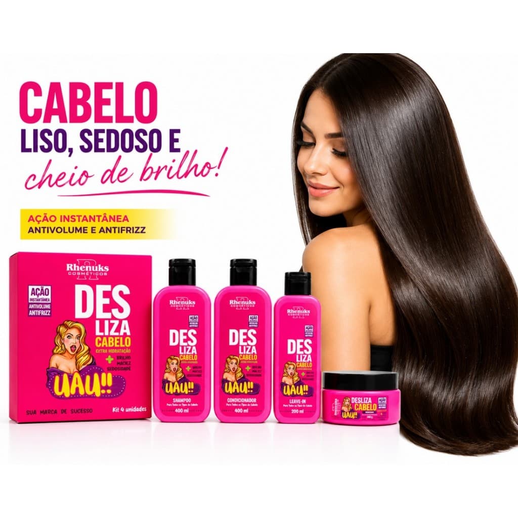 Kit Capilar Desliza Cabelo - 4 Itens Cabelos Macios Sedosos Brilho Frizz Hidratação Controle Volume