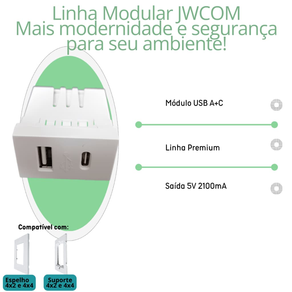 Módulo USB JWCOM 2 Portas Tipo C + A 5V 2.1A Bivolt Homologado Anatel - Compatível com Linha JWCOM