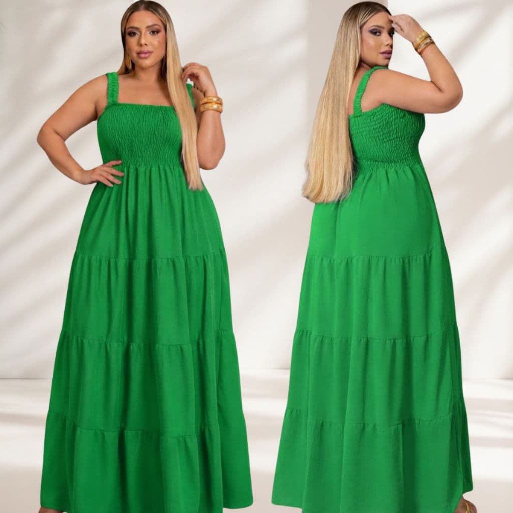 Vestido Plus Size Alça Franzida Busto Lastex 3 Marias Longo Moda Maior Elegante Casual Moderno Sofisticado 40 ao 52.