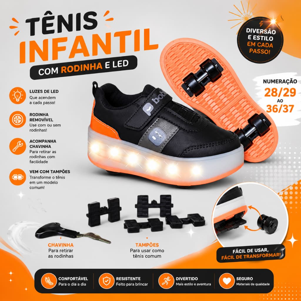 Tênis Infantil Menino Com Rodinha Removível Led Luzinha Divertido Preto E Laranja