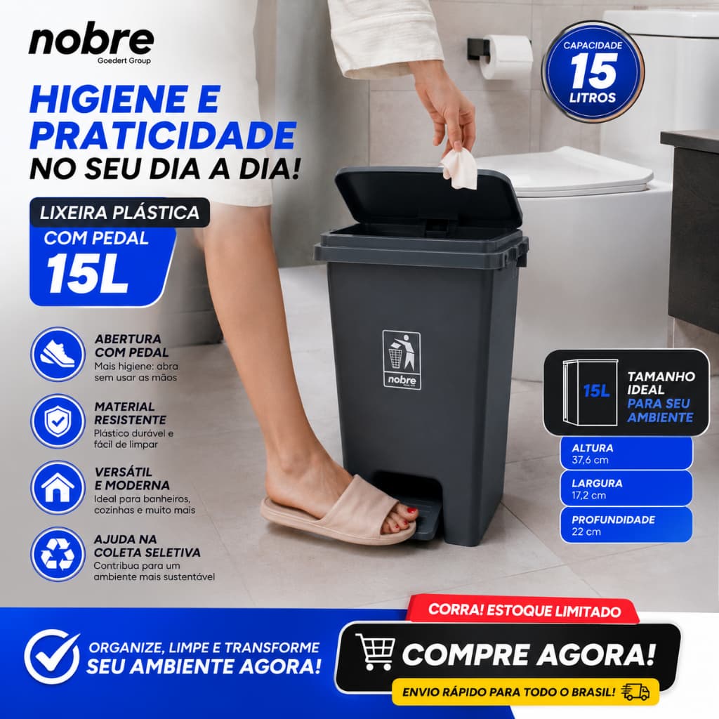 Lixeira Plástica com Pedal 15L Cinza Banheiros Cozinhas - Nobre