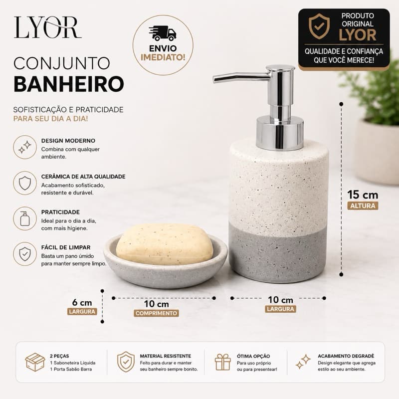 Conjunto Kit 2 Peças para Banheiro Lyor Sabonete Liquido Barra Cerâmica Degrade Cinza