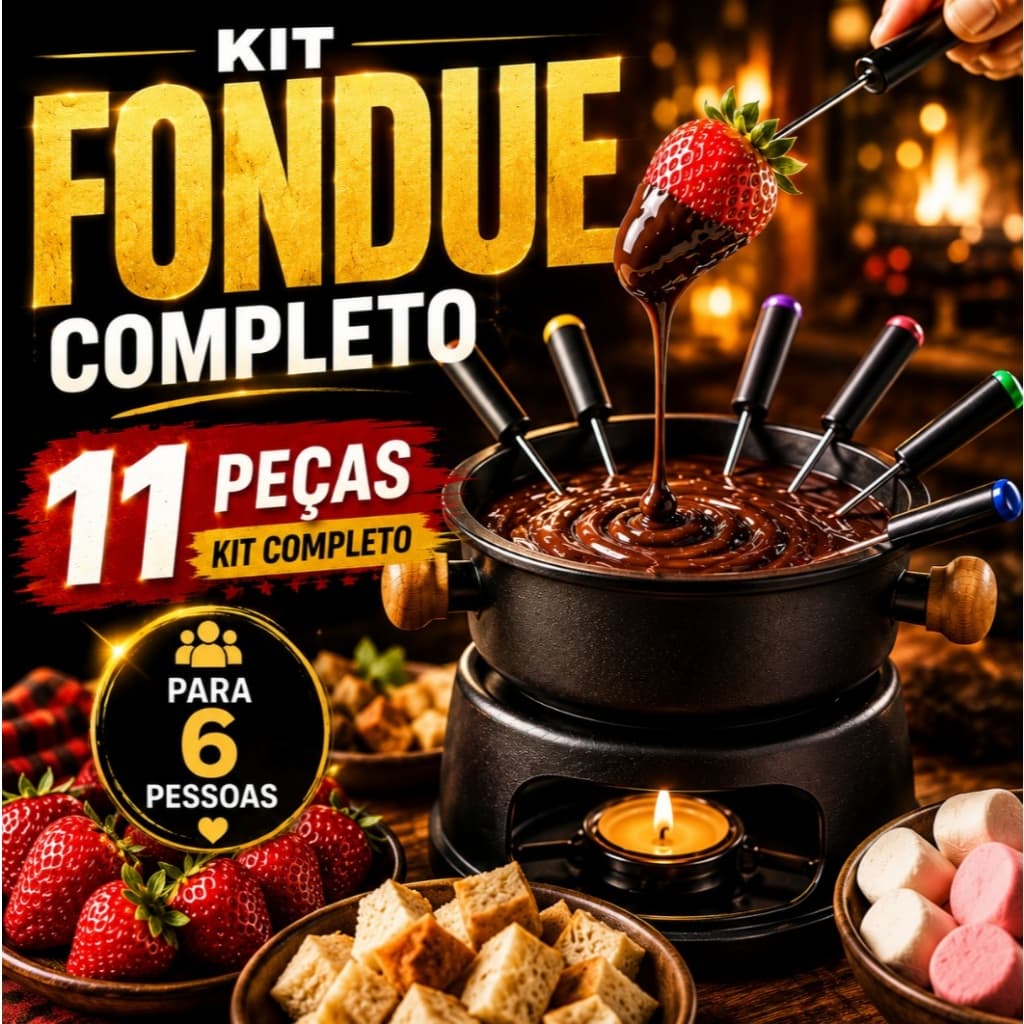 Aparelho de Fondue 11 Peças Aço Carbono com Garfinhos e Rechaud Queimador Para Queijo e Chocolate