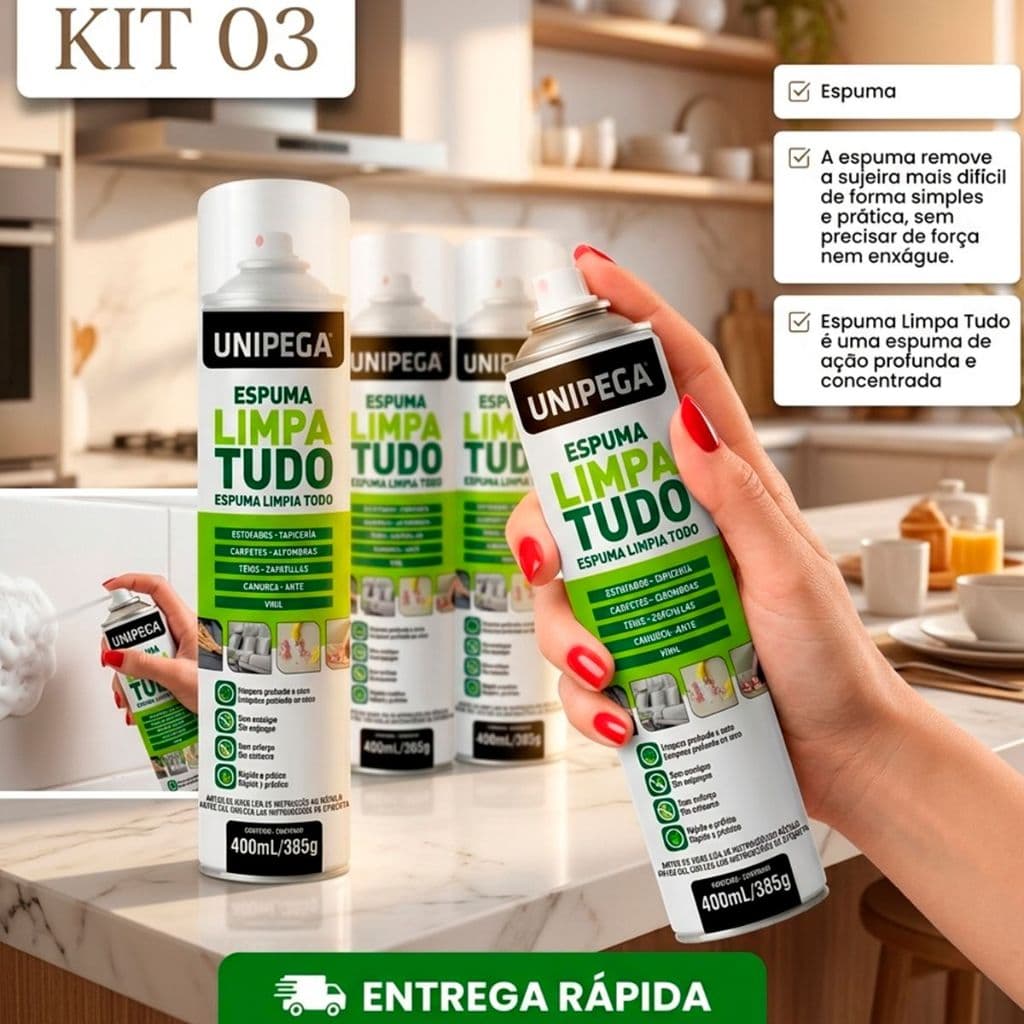 Kit Jogo 3 Espumas Mágica Limpa Tudo Tênis Estofados Sofa Paredes Desengordurante Piso 400ml