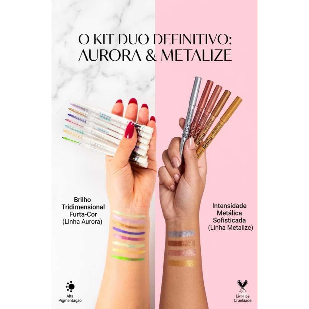 Kit Duo Delineadores: Efeito Holográfico Aurora & Poder Metalizado Metalize - Longa duração, alta pigmentação