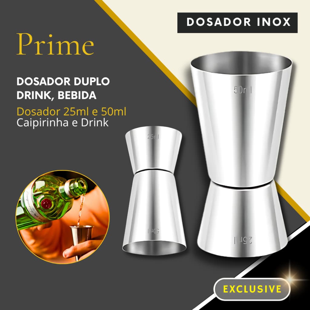 Dosador de Bebida Duplo para Drink Inox 25ml e 50ml Bar Drinks Bebidas Barman Caipirinha