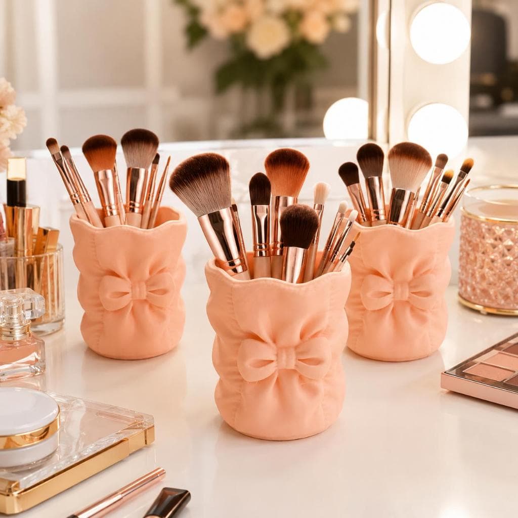 Kit com 3 Porta Pincéis de Maquiagem Decorativos com Laço - Luxo – Organização e Elegância para Sua Penteadeira - Luxo .