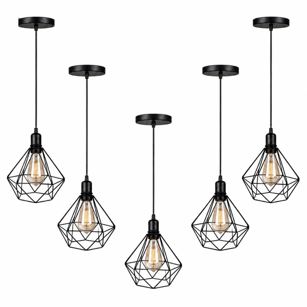 Kit 5 Luminárias Pendentes Aramadas Diamante Preto Industrial Para Cozinha Bancada Sala